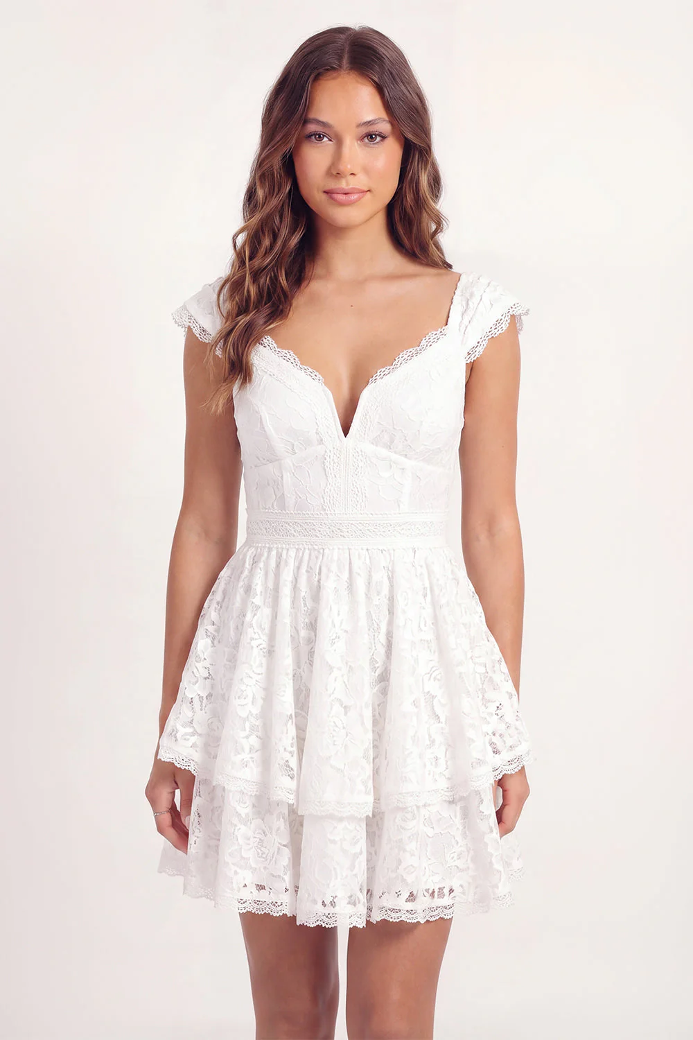 White Lace A-Line V-Neck Mini Graduation Dress with Cap Sleeves - Image 3