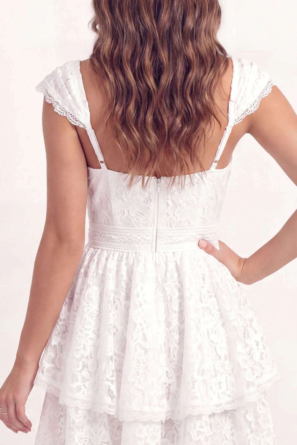 White Lace A-Line V-Neck Mini Graduation Dress with Cap Sleeves - Image 5