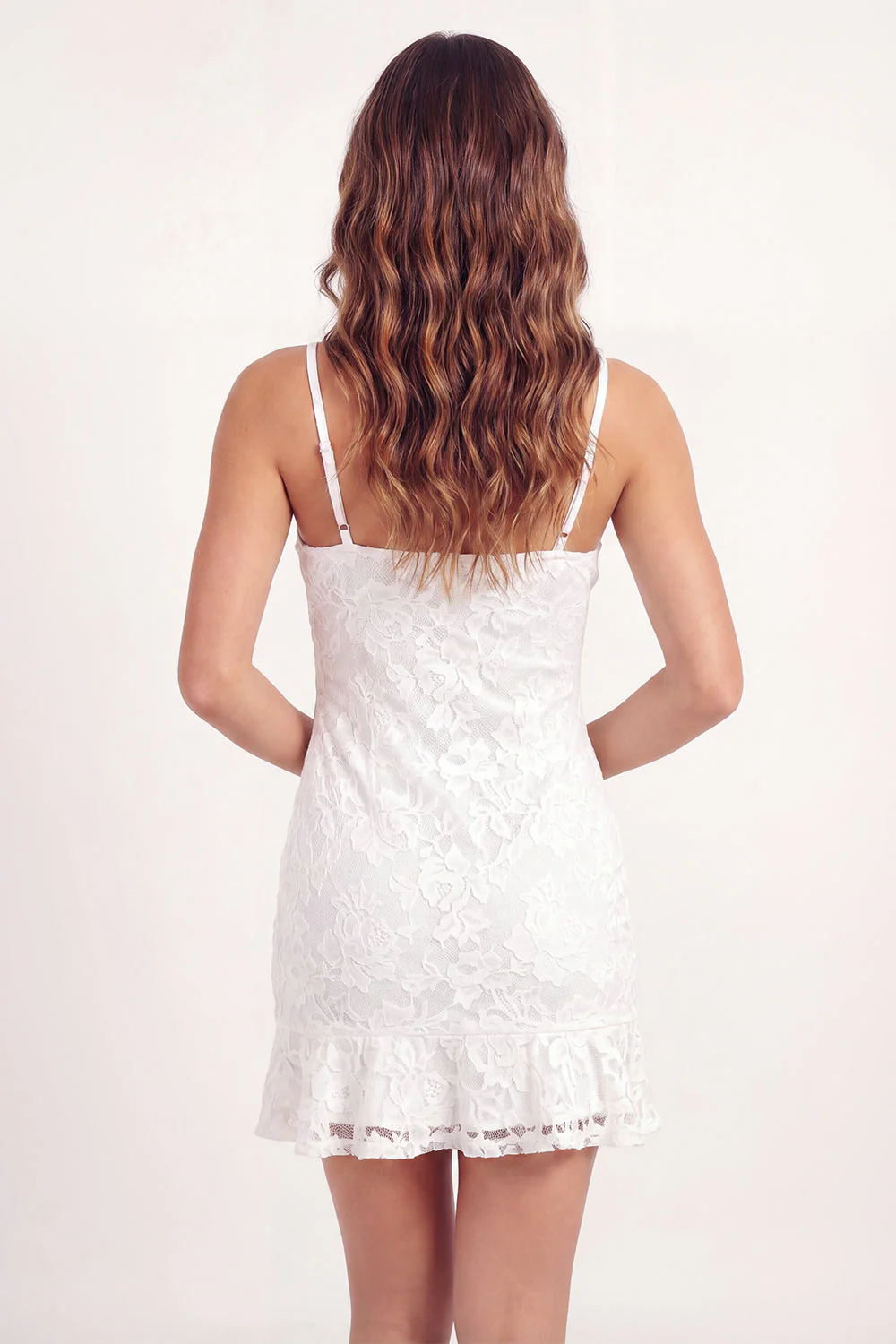 White Lace Bodycon Spaghetti Straps Mini Graduation Dress with Ruffles - Image 2