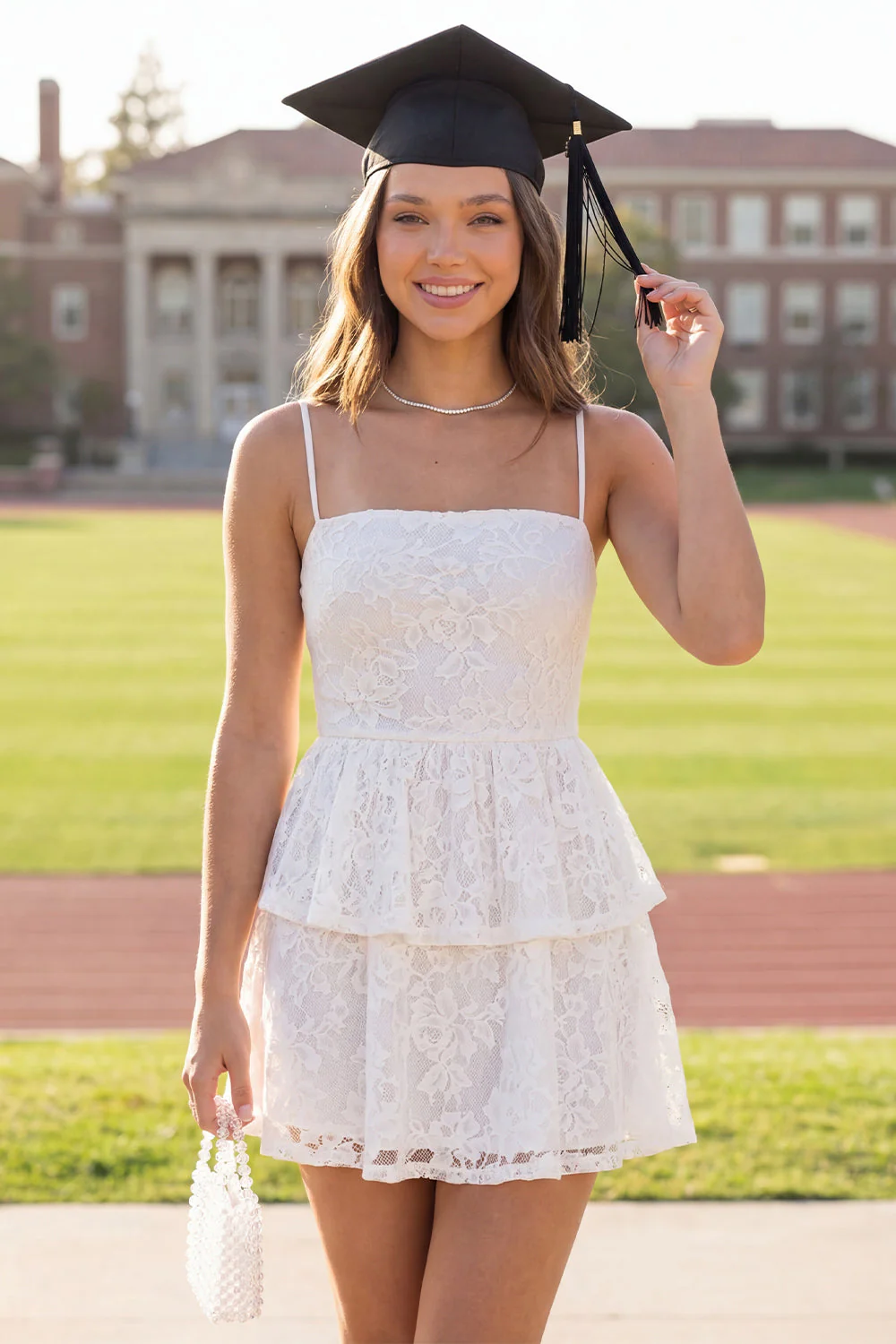 White Lace A Line Ruffled Spaghetti Straps Mini Graduation Dress - Image 3