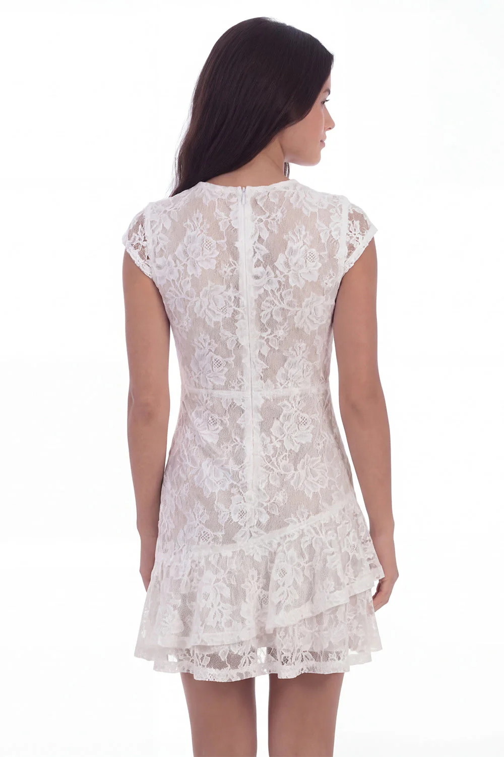 White Lace Round Neck Ruffled Graduation Dress with Cap Sleeves - Image 2