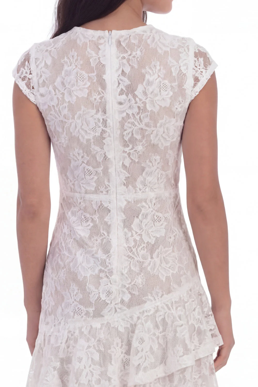 White Lace Round Neck Ruffled Graduation Dress with Cap Sleeves - Image 4