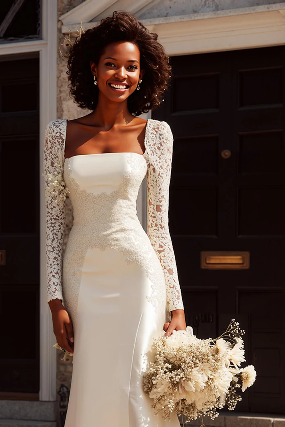 White Mermaid Bateau Long Sleeve Appliqued Sweep Train Wedding Dress - Image 2