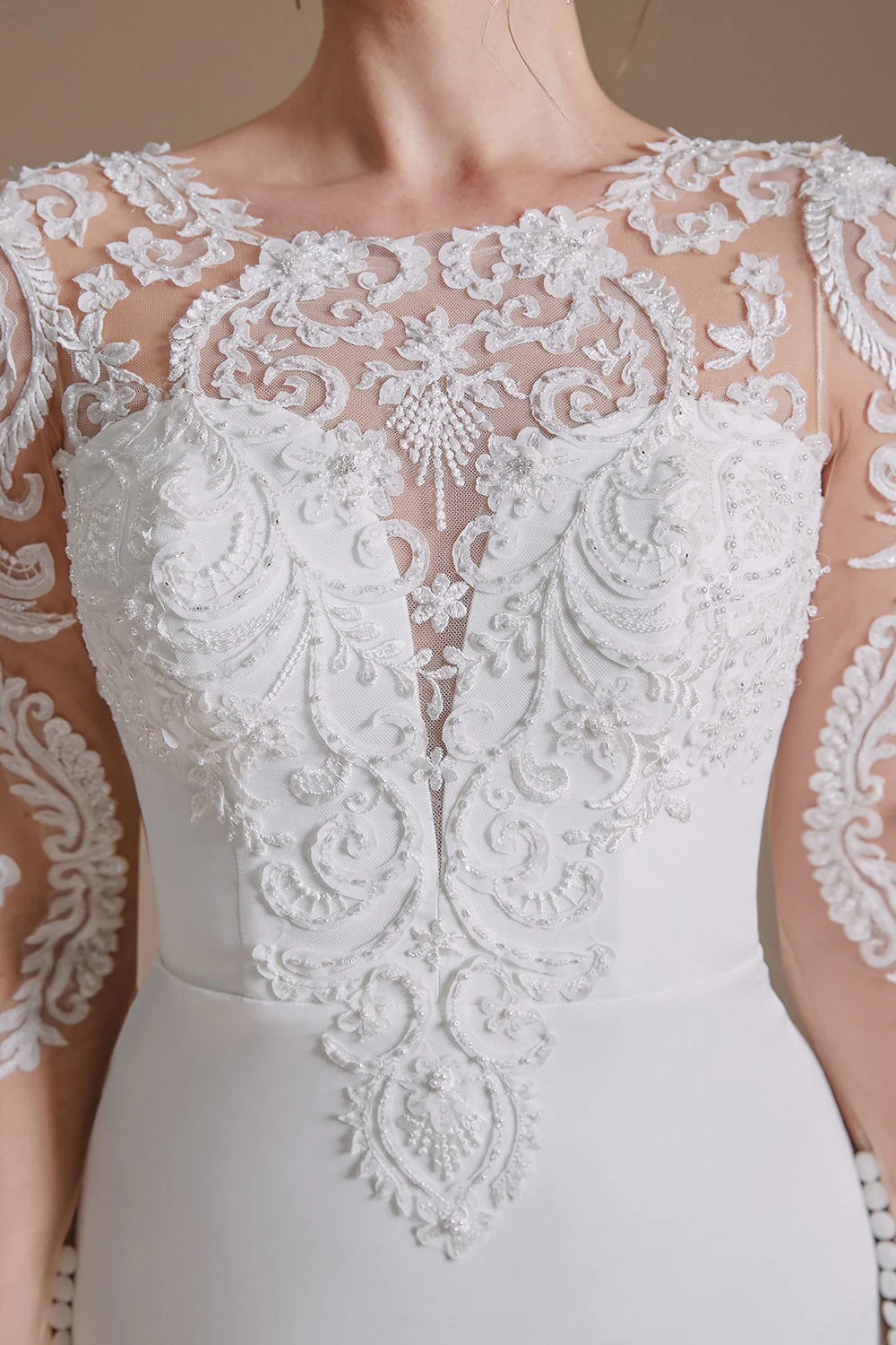 White Mermaid Long Sleeves Sweep Train Wedding Dress with Lace - Image 4