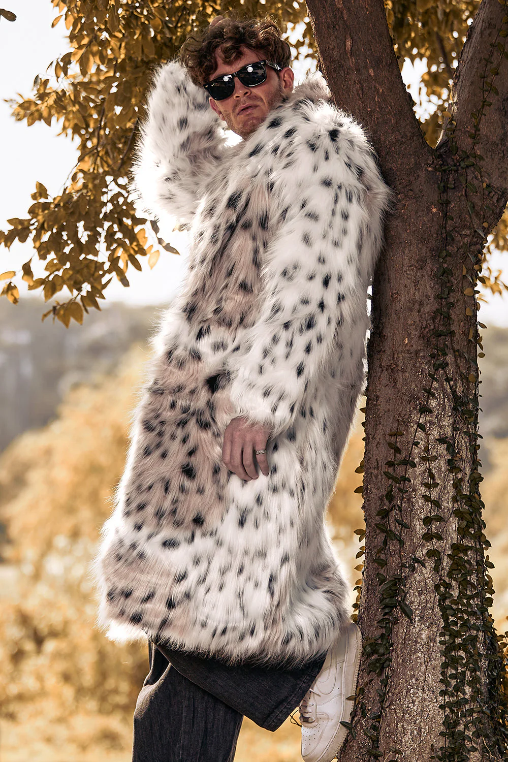 White Mid-Length Long Sleeve Faux Fur Printed Leopard Men's Coat - Image 2