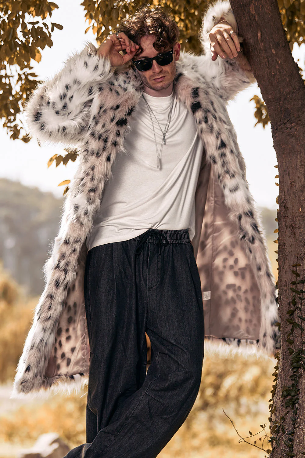 White Mid-Length Long Sleeve Faux Fur Printed Leopard Men's Coat - Image 4