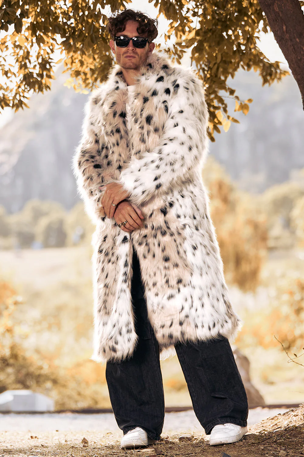 White Mid-Length Long Sleeve Faux Fur Printed Leopard Men's Coat - Image 5