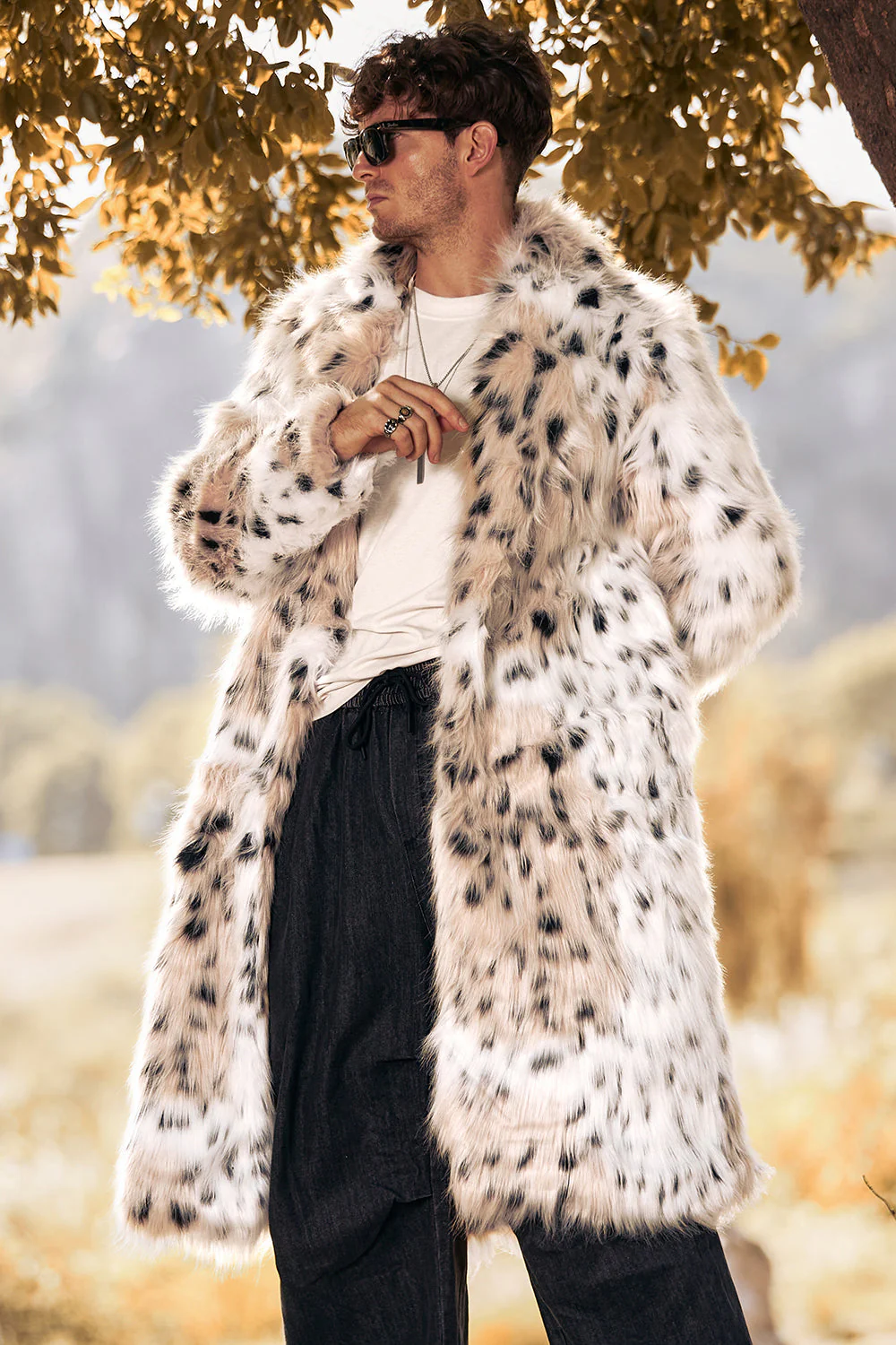 White Mid-Length Long Sleeve Faux Fur Printed Leopard Men's Coat - Image 6