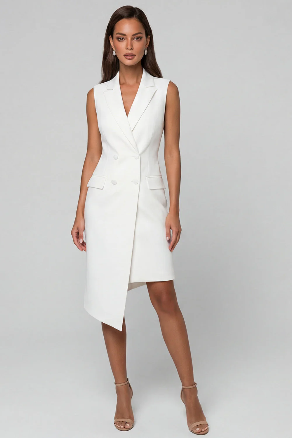 White Sheath Notched Lapel Asymmetrical Work Dress