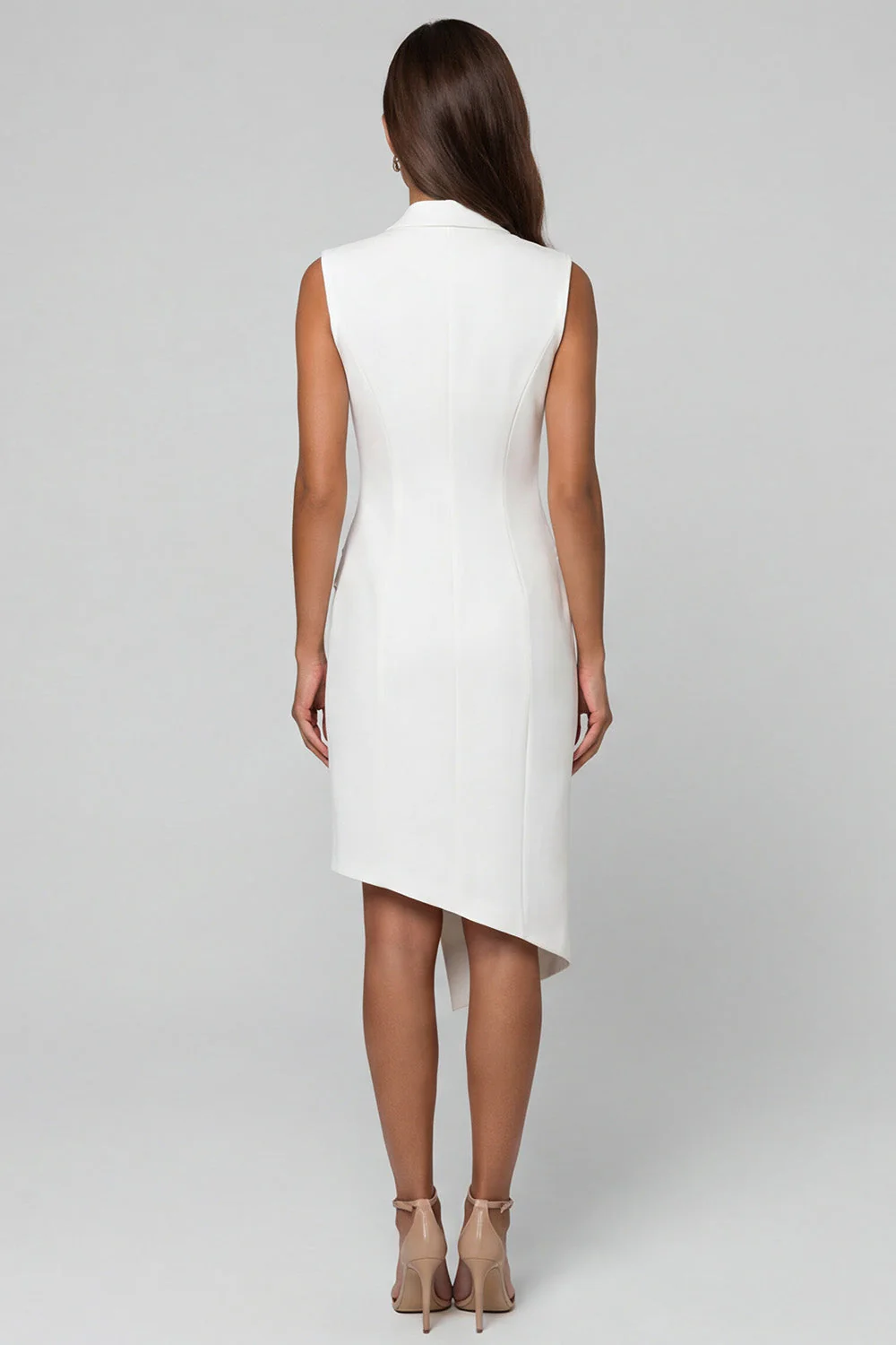 White Sheath Notched Lapel Asymmetrical Work Dress - Image 2