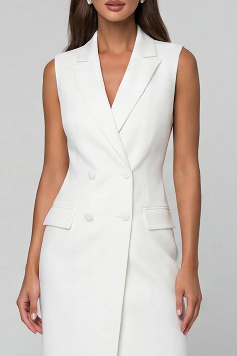 White Sheath Notched Lapel Asymmetrical Work Dress - Image 3