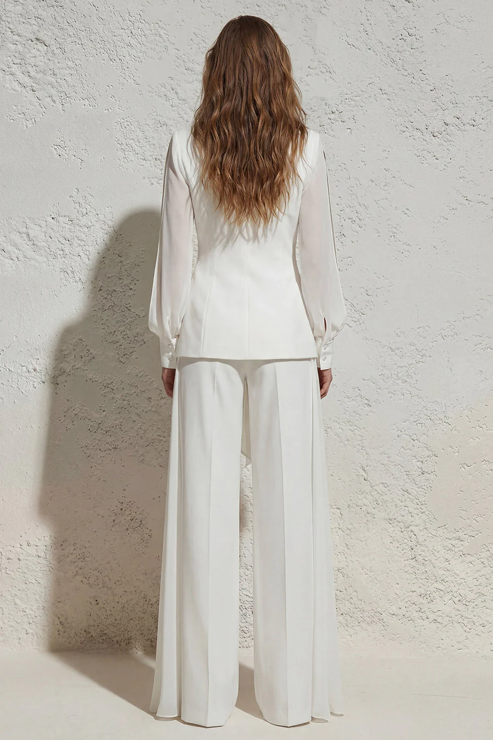White Notched Lapel Ruched Business Suit with Belt - Image 2