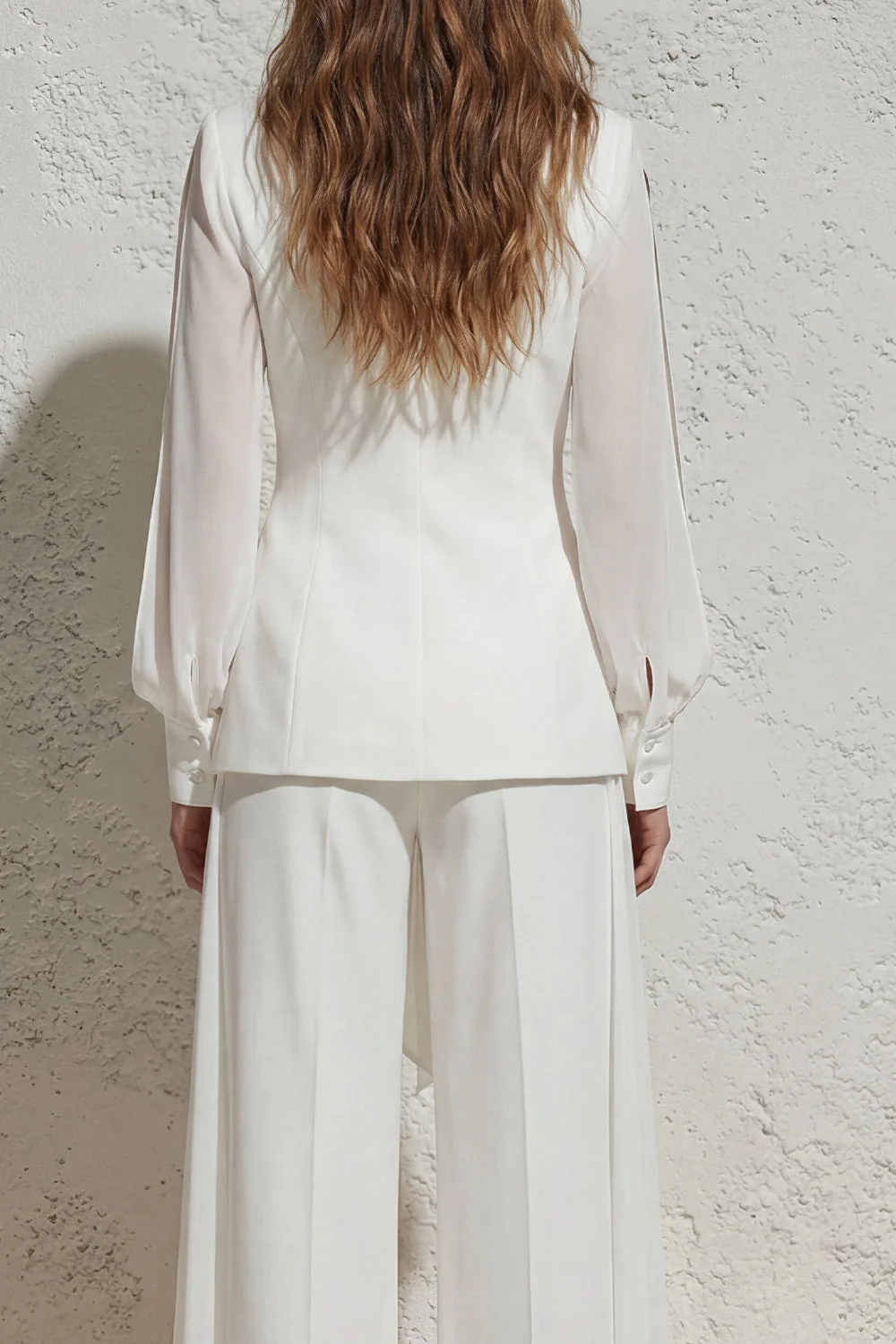 White Notched Lapel Ruched Business Suit with Belt - Image 4