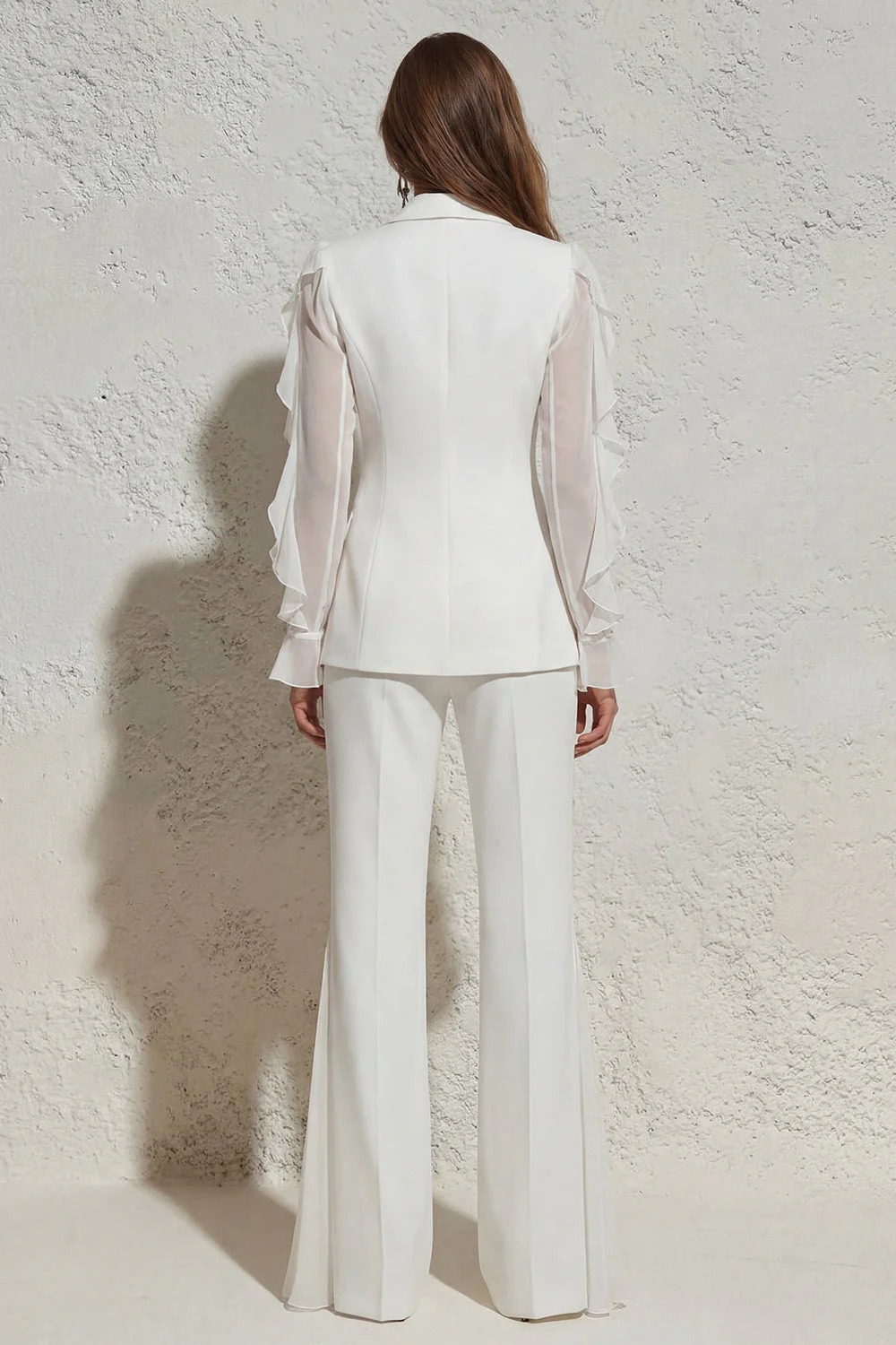White Notched Lapel Ruffled Slim Fit Women Suit - Image 2