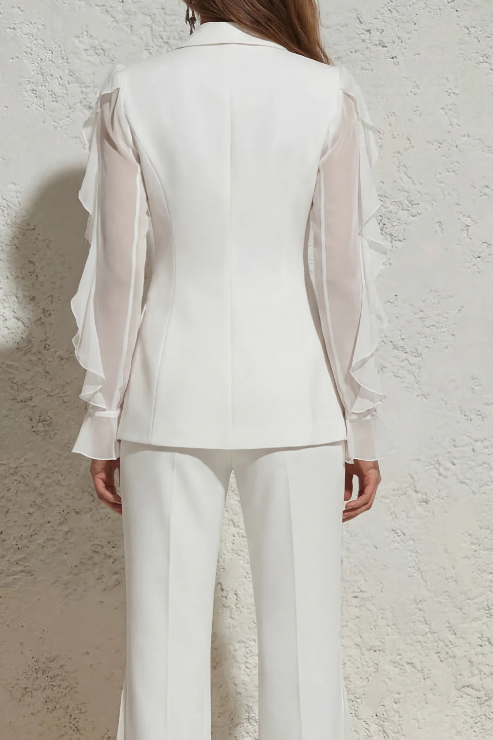 White Notched Lapel Ruffled Slim Fit Women Suit - Image 4