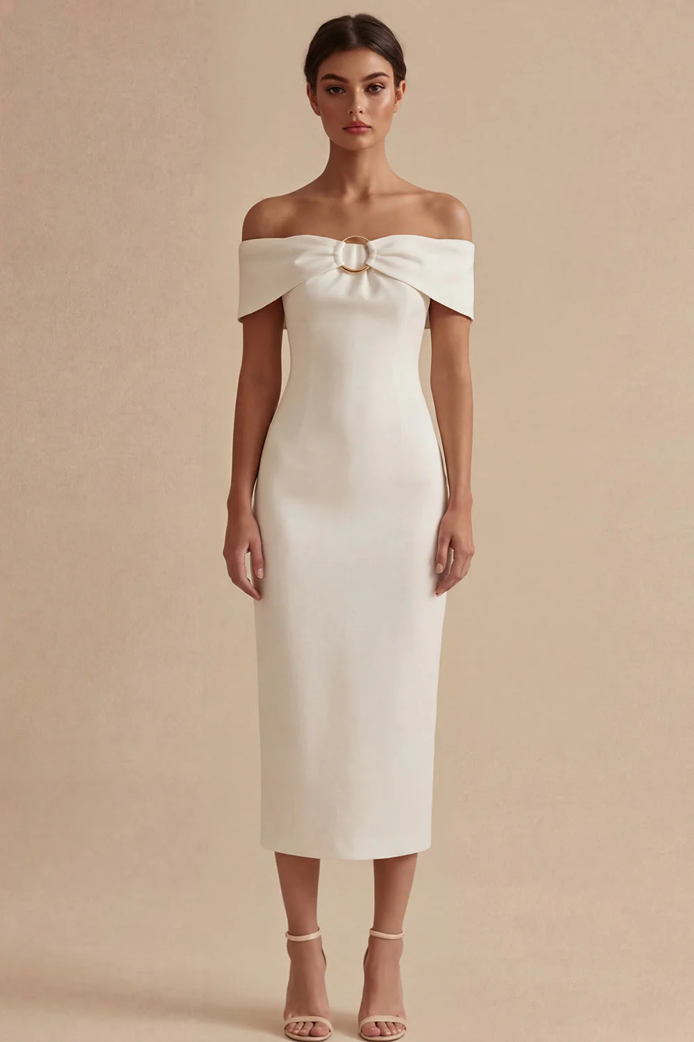 White Satin Off the Shoulder Sheath Midi Engagement Dress
