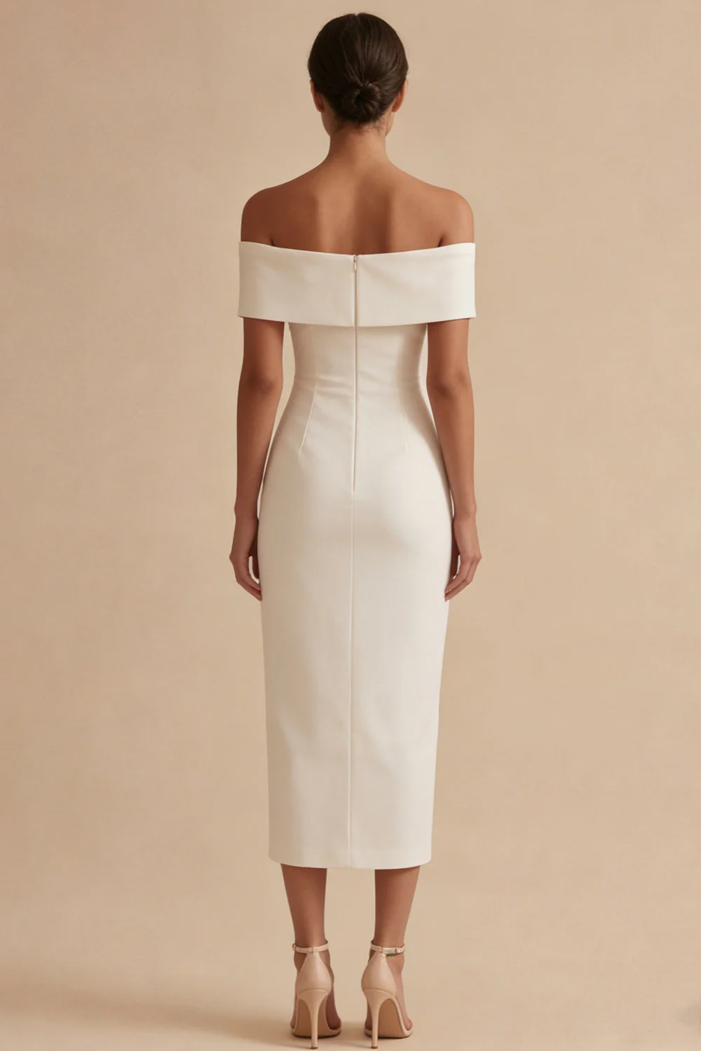 White Satin Off the Shoulder Sheath Midi Engagement Dress - Image 2