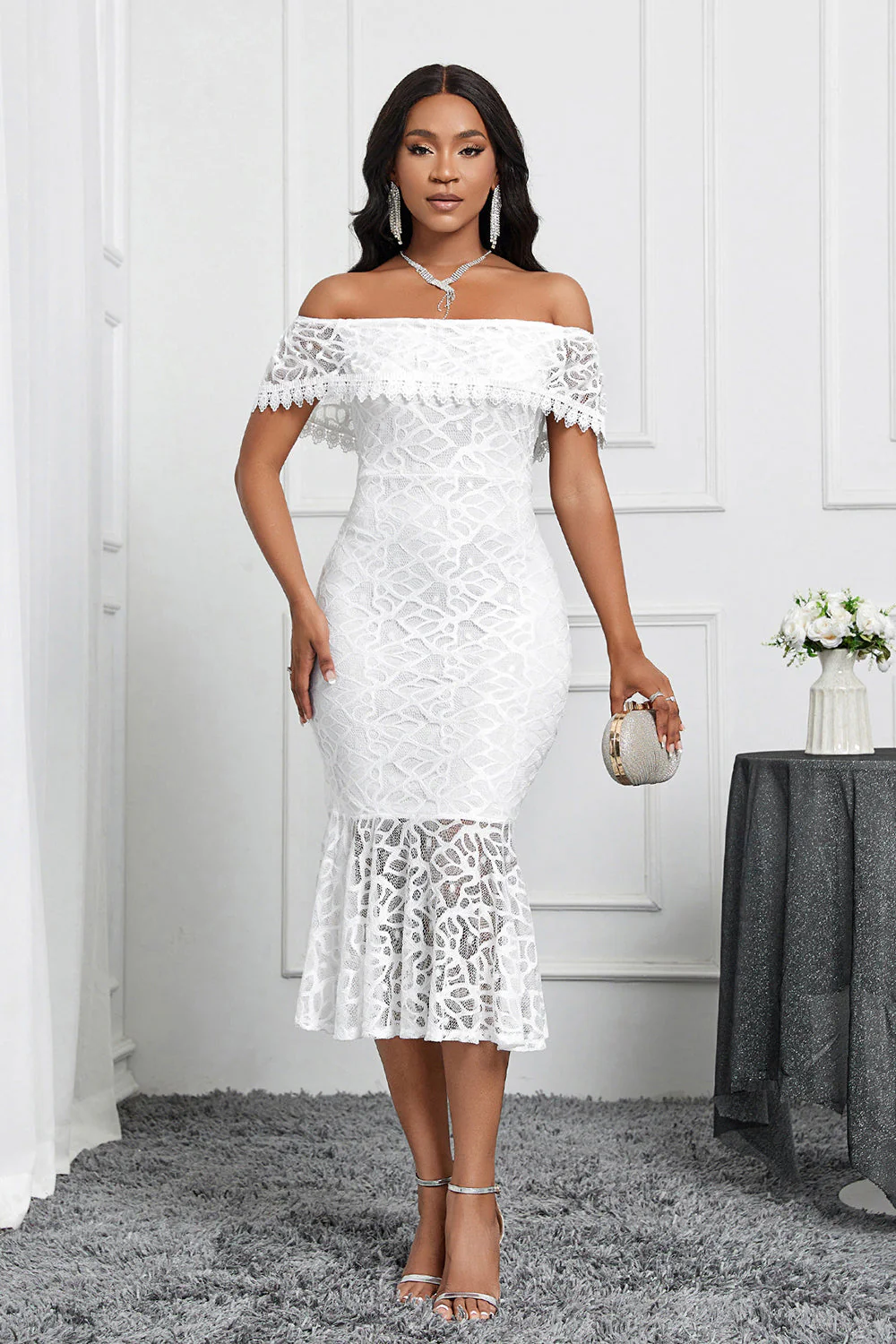 White Off the Shoulder Mermaid Ruffle Tea Length Party Dress - Image 6