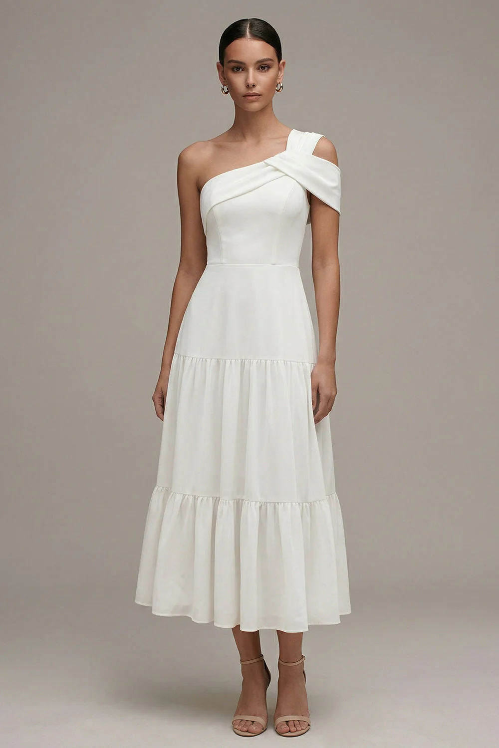 White One Shoulder A Line Ruffled Midi Engagement Dress