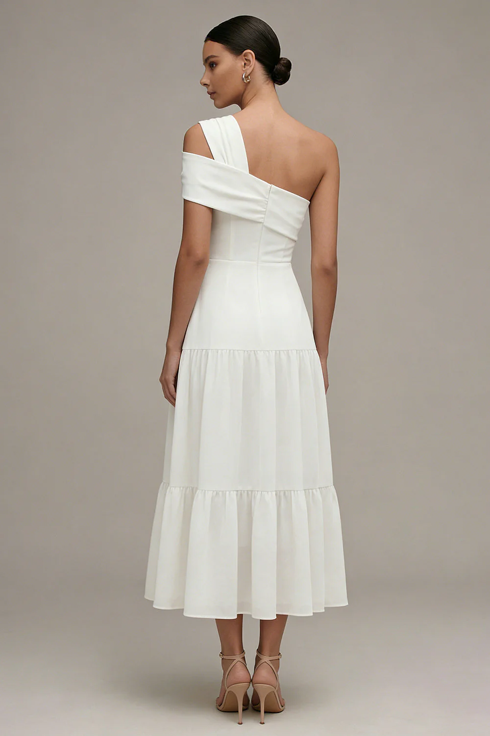 White One Shoulder A Line Ruffled Midi Engagement Dress - Image 2