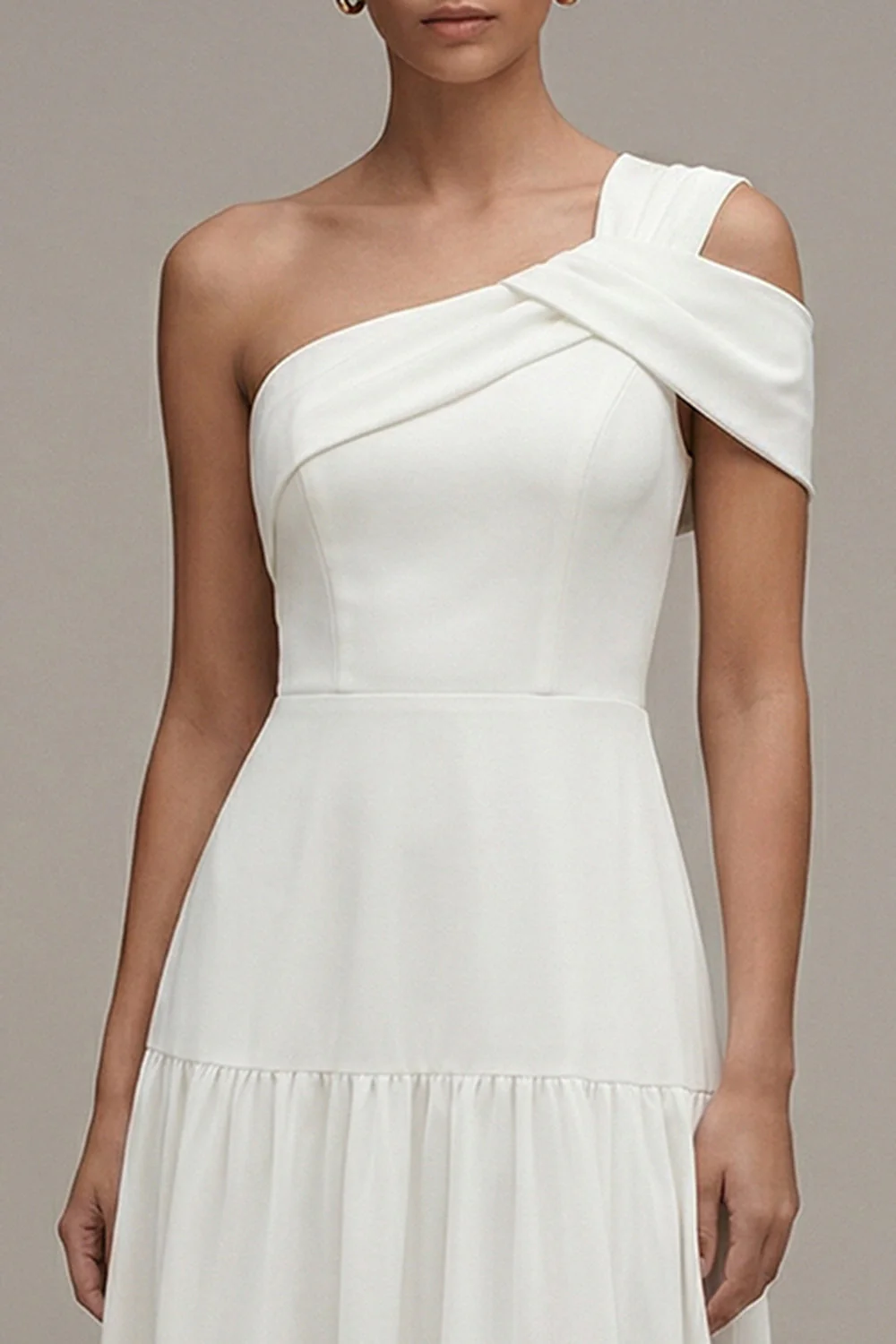 White One Shoulder A Line Ruffled Midi Engagement Dress - Image 3