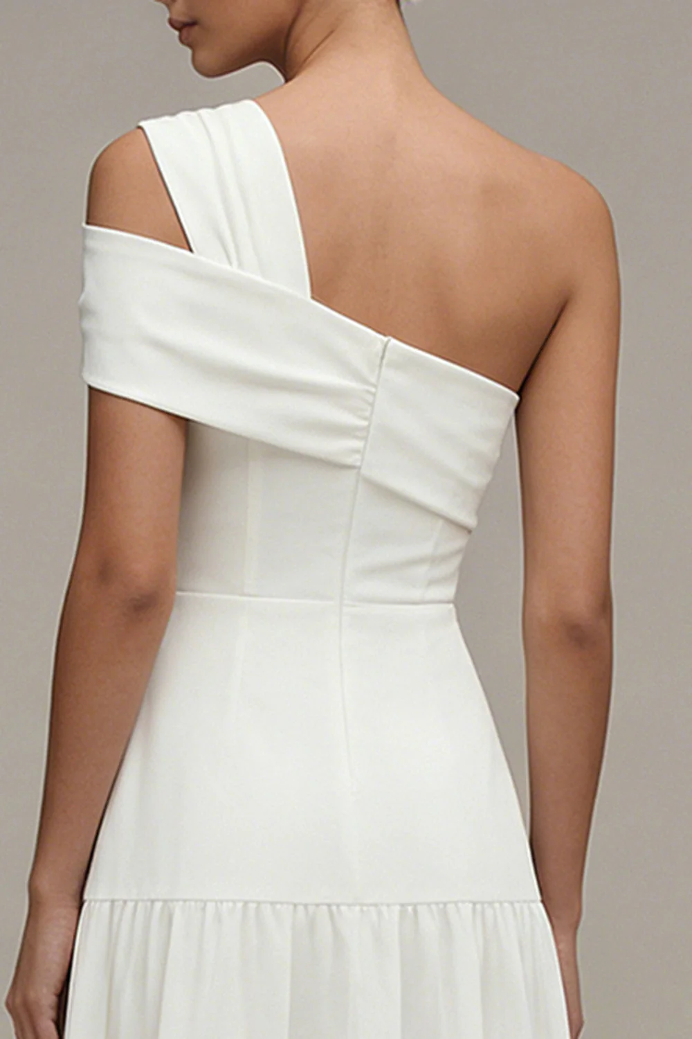 White One Shoulder A Line Ruffled Midi Engagement Dress - Image 4