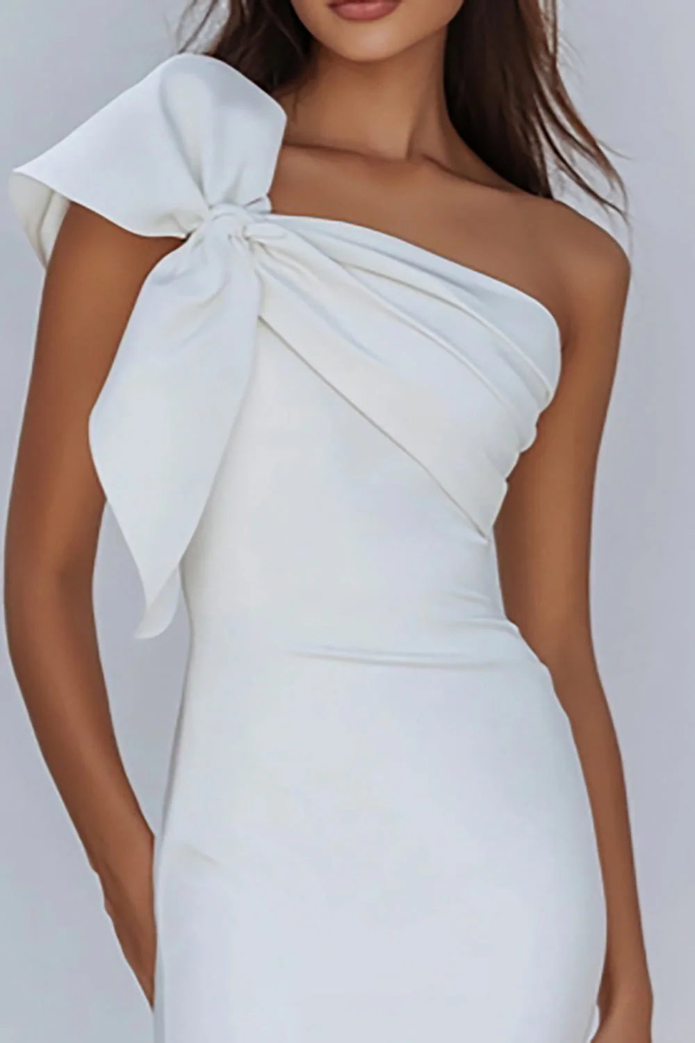 White One Shoulder Bow Bodycon Graduation Dress - Image 2