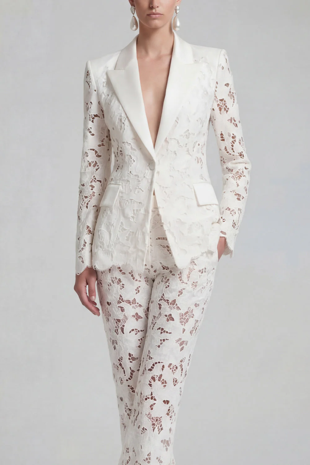 White Peak Lapel 2 Piece Women Suits with Lace - Image 3