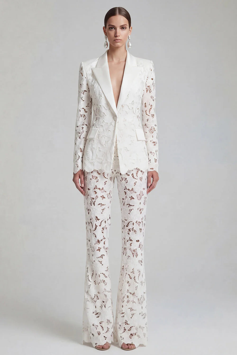 White Peak Lapel 2 Piece Women Suits with Lace - Image 4