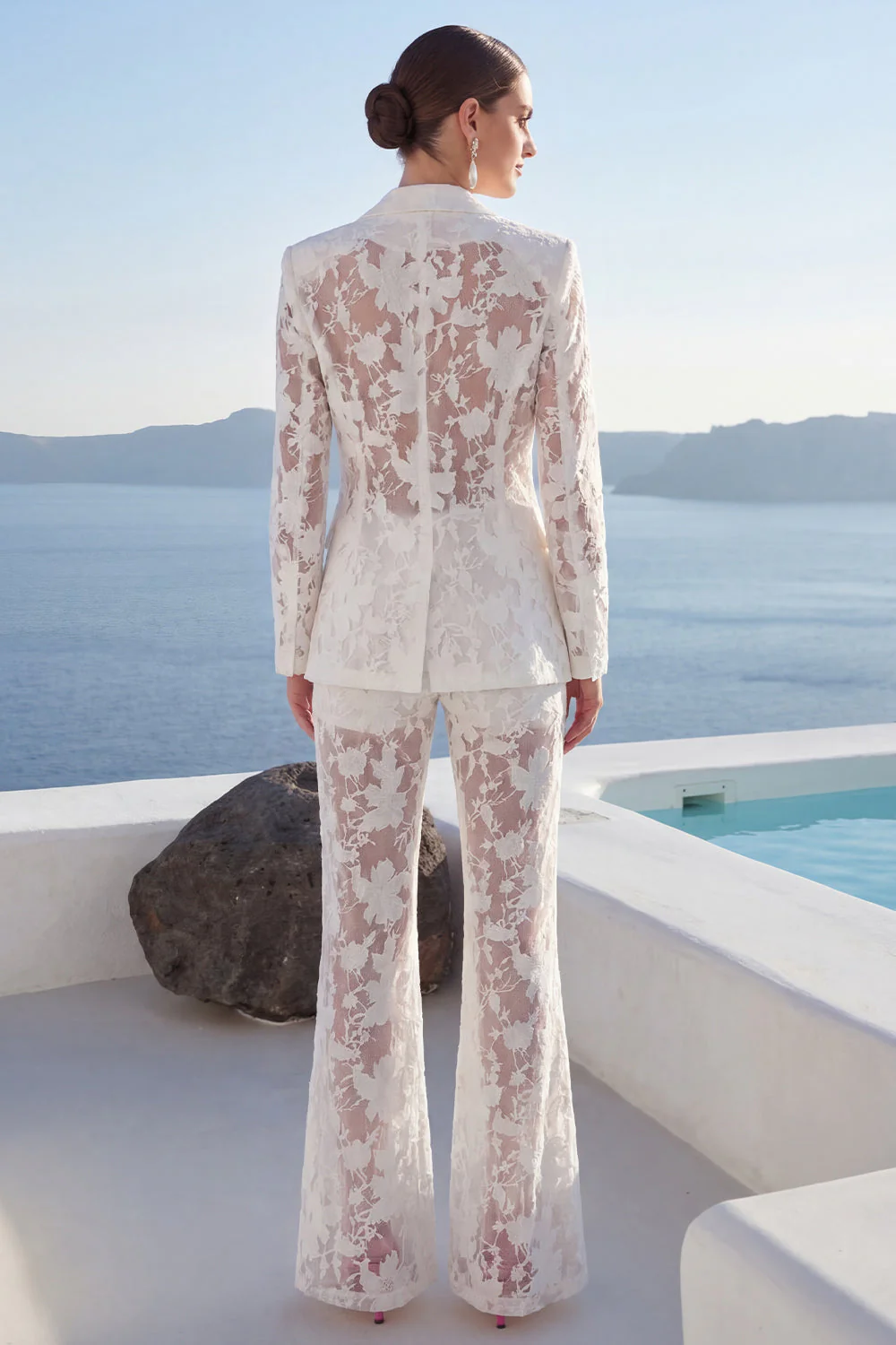 White Peak Lapel 2 Piece Lace Appliqued Women Suits - Image 2