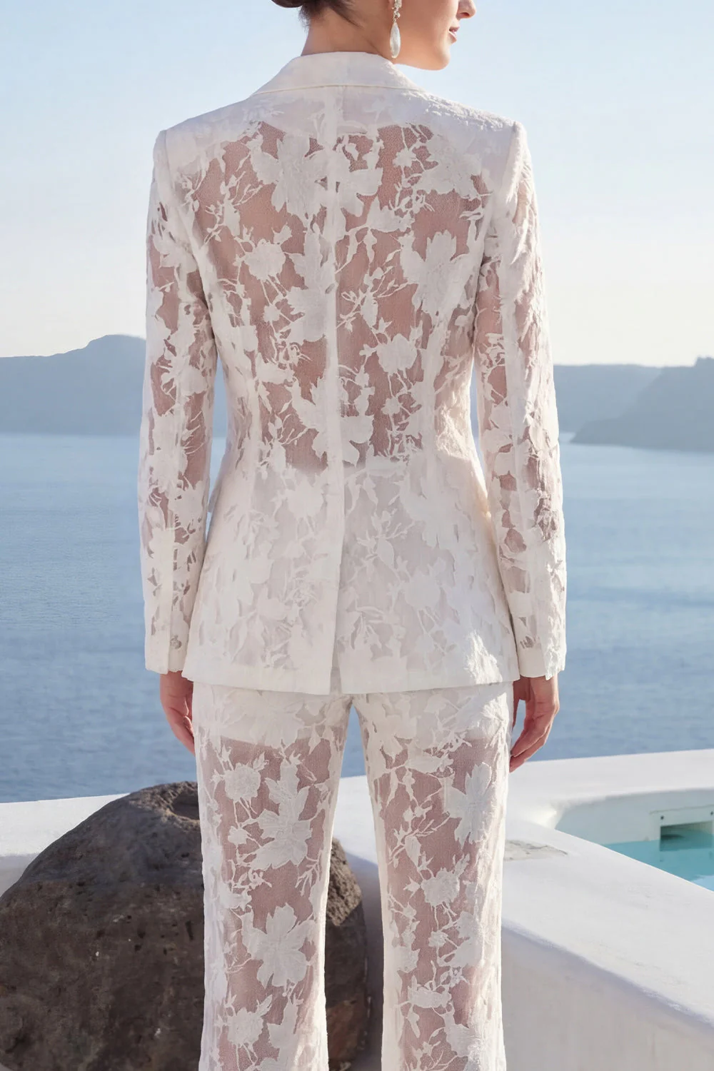 White Peak Lapel 2 Piece Lace Appliqued Women Suits - Image 5