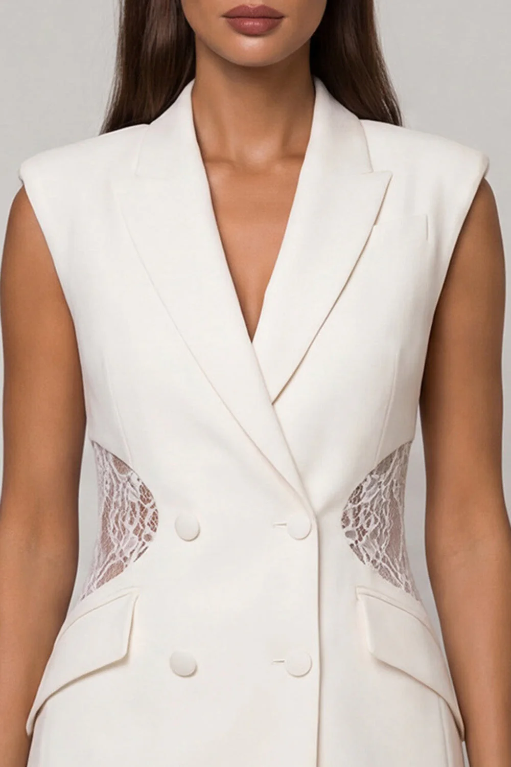 White Peaked Lapel Bouble Breasted Short Work Dress with Lace - Image 2