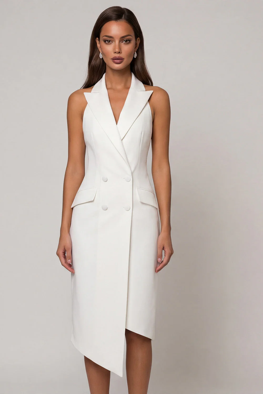 White Sheath Peaked Lapel Double Breasted Asymmetrical Work Dress