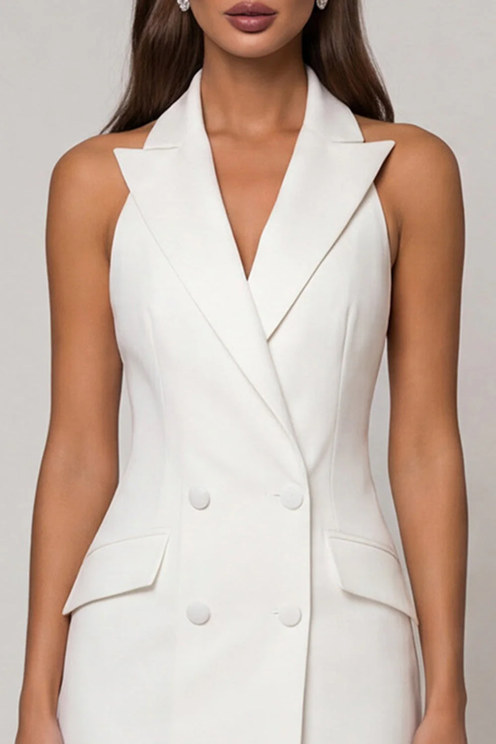 White Sheath Peaked Lapel Double Breasted Asymmetrical Work Dress - Image 3