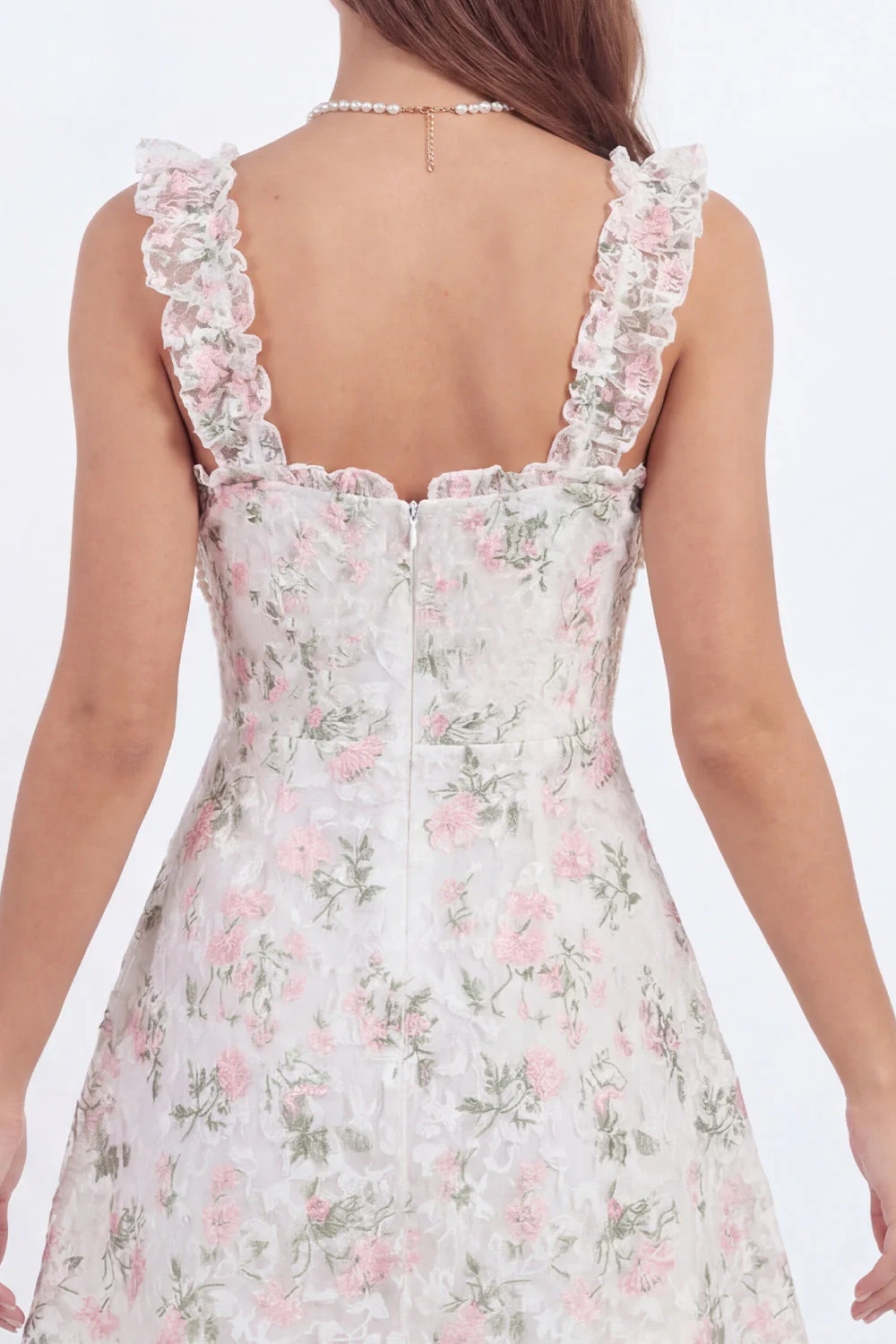 White Pink Flower A Line Ruffled Short Graduation Dress with Pearls - Image 5