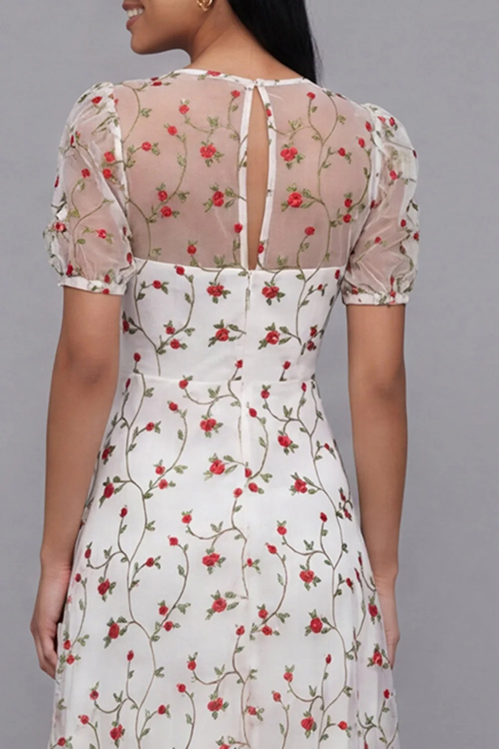White Pink Flower A-Line Tulle V-Neck Floral Midi Dress with Short Sleeves - Image 10