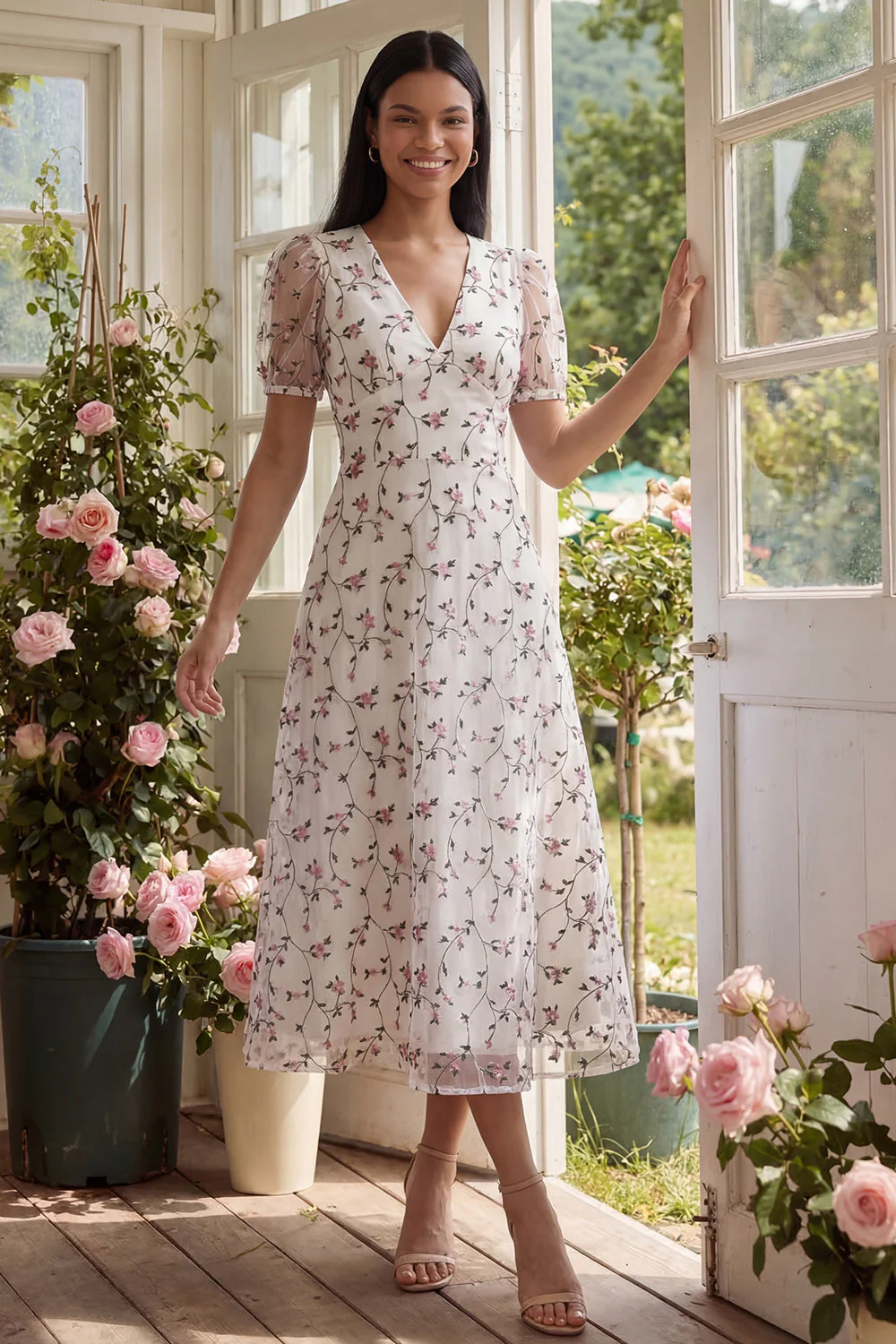 White Pink Flower A-Line Tulle V-Neck Floral Midi Dress with Short Sleeves - Image 2