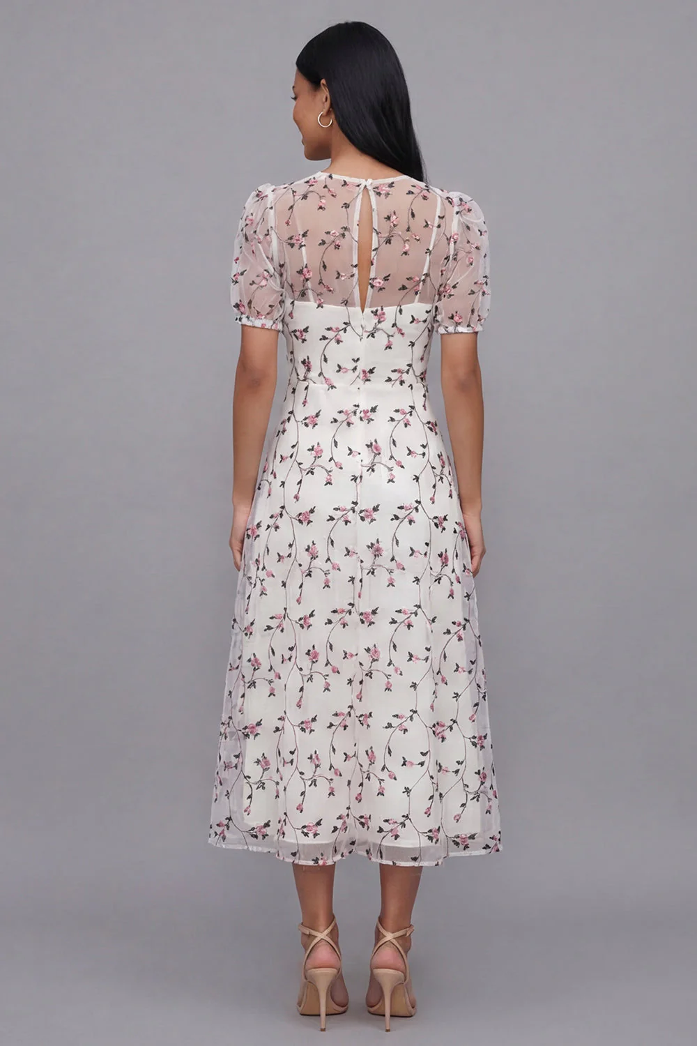 White Pink Flower A-Line Tulle V-Neck Floral Midi Dress with Short Sleeves - Image 3