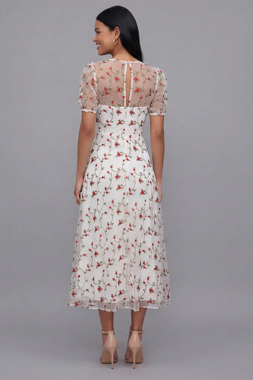 White Pink Flower A-Line Tulle V-Neck Floral Midi Dress with Short Sleeves - Image 8