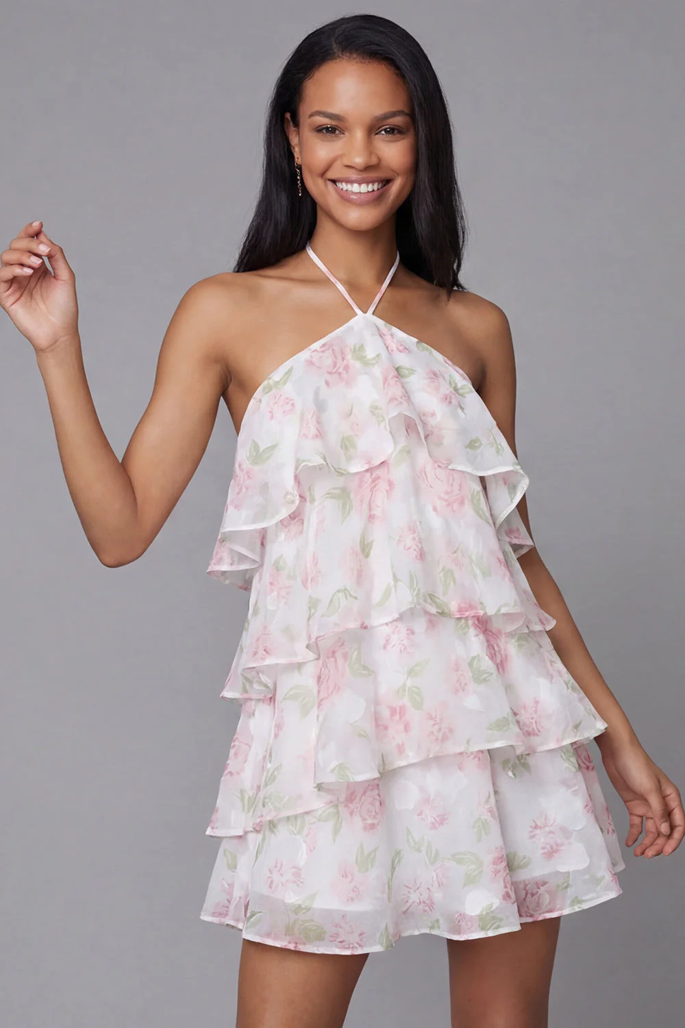 White Pink Flower Chiffon Halter Neck A-Line Printed Tiered Floral Mini Dress