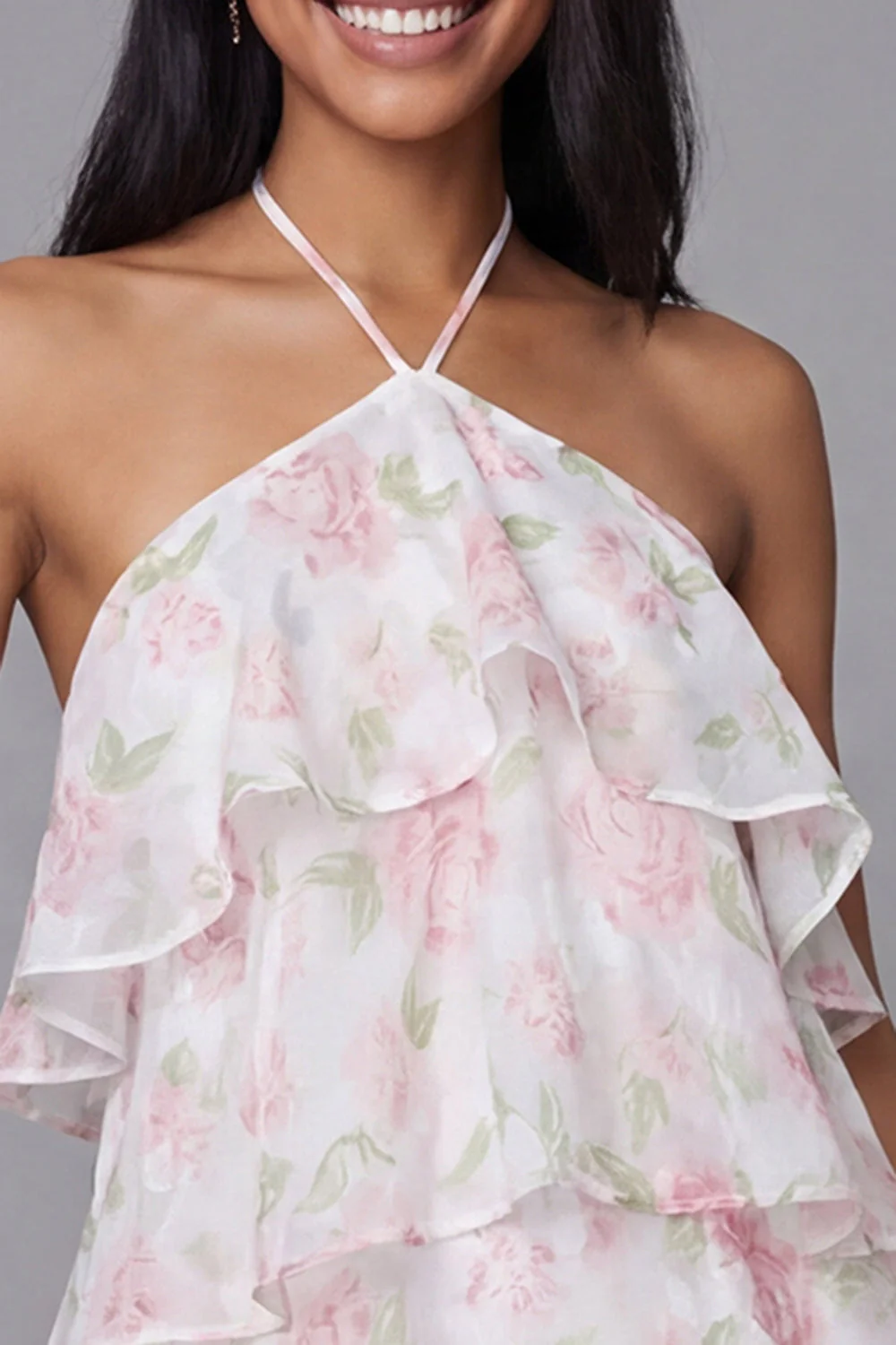 White Pink Flower Chiffon Halter Neck A-Line Printed Tiered Floral Mini Dress - Image 4