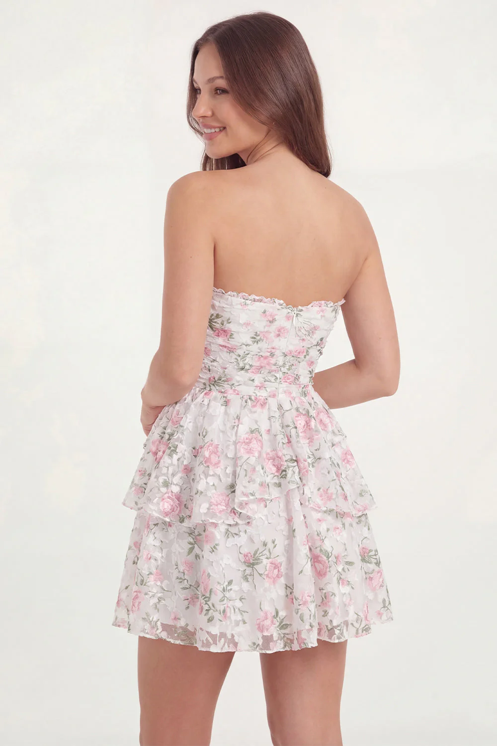 Strapless White Pink Flower A Line Ruffled Mini Graduation Dress - Image 2