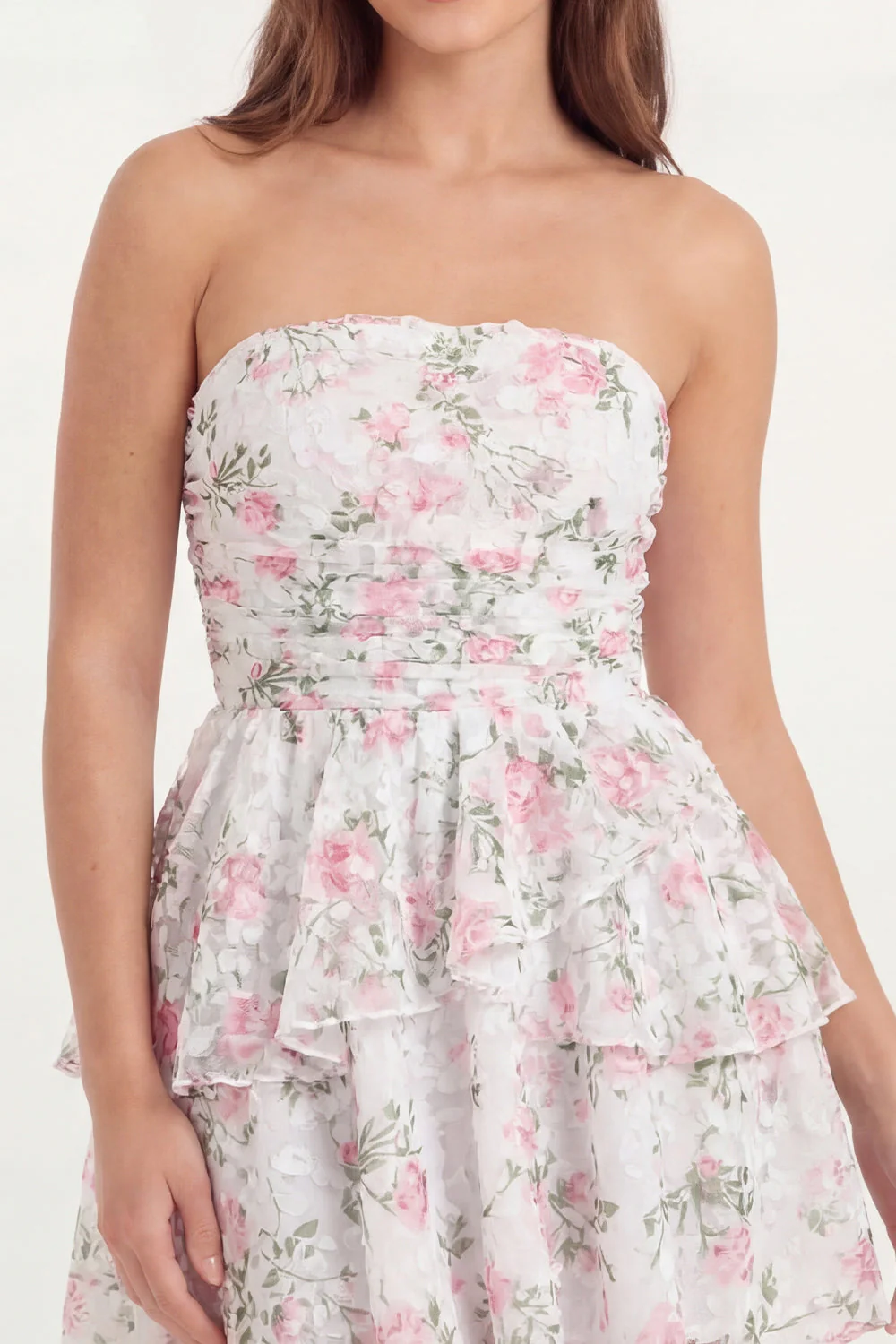 Strapless White Pink Flower A Line Ruffled Mini Graduation Dress - Image 4