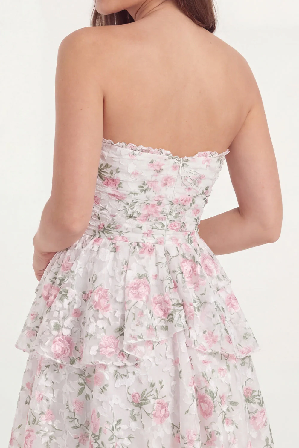 Strapless White Pink Flower A Line Ruffled Mini Graduation Dress - Image 5