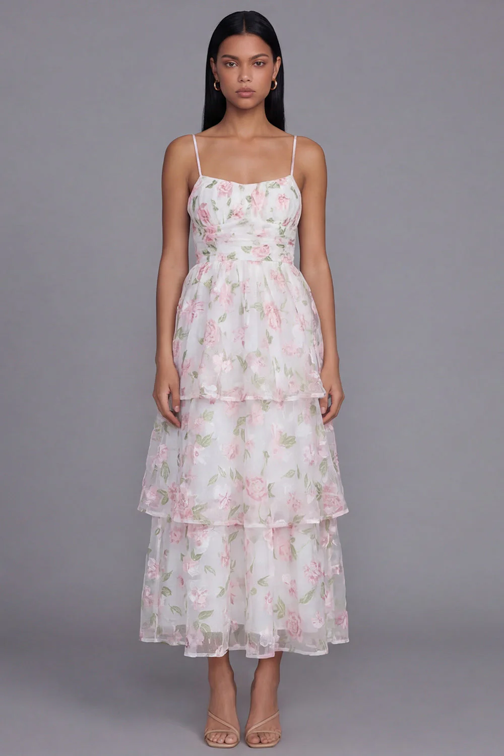 White Pink Flower Tiered A-Line Spaghetti Straps Long Floral Dress