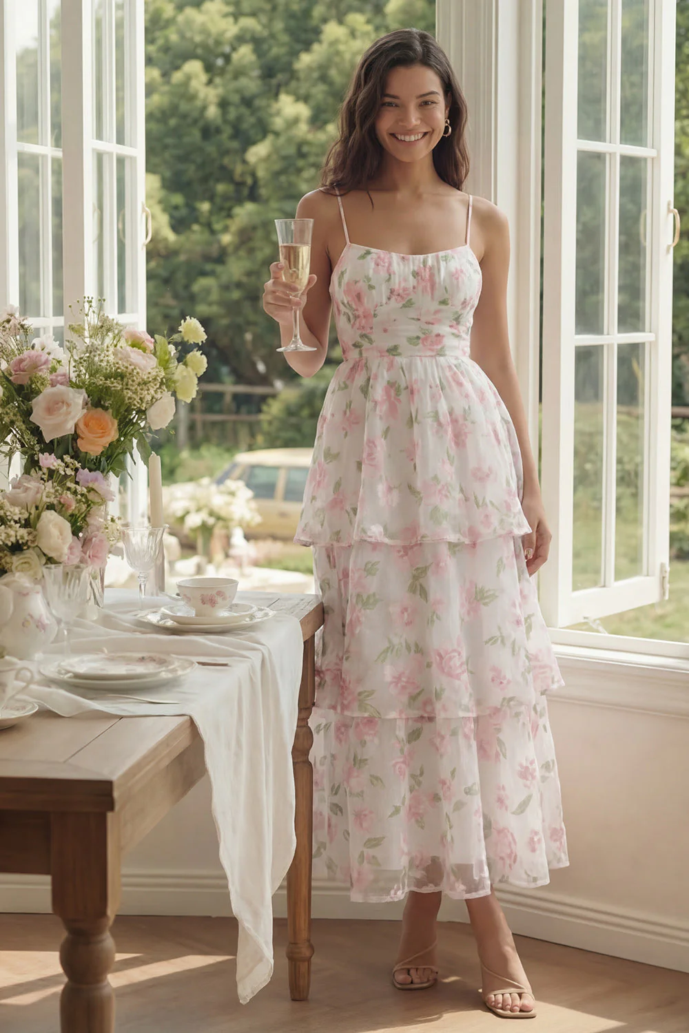 White Pink Flower Tiered A-Line Spaghetti Straps Long Floral Dress - Image 2