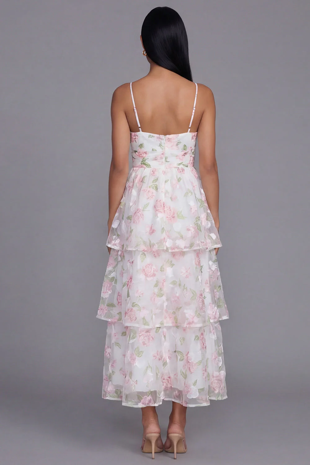White Pink Flower Tiered A-Line Spaghetti Straps Long Floral Dress - Image 3