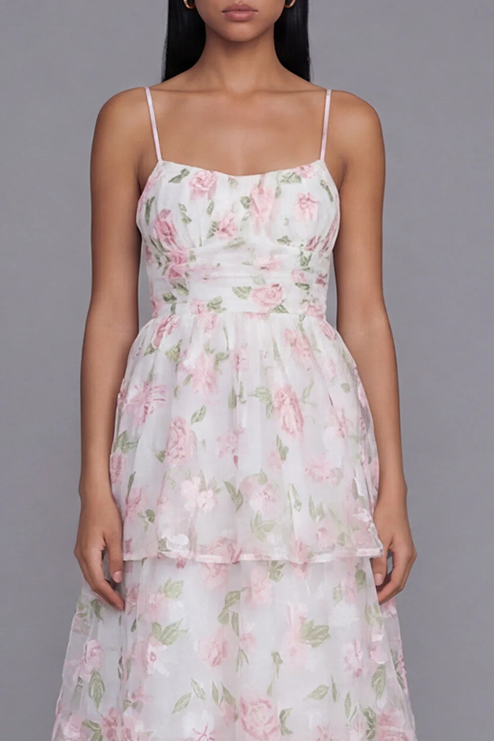 White Pink Flower Tiered A-Line Spaghetti Straps Long Floral Dress - Image 4