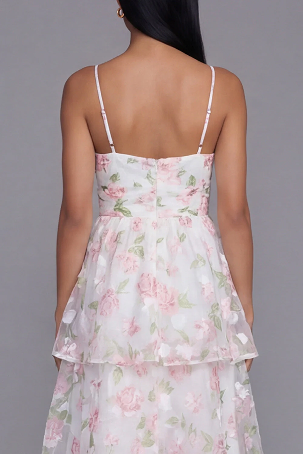 White Pink Flower Tiered A-Line Spaghetti Straps Long Floral Dress - Image 5