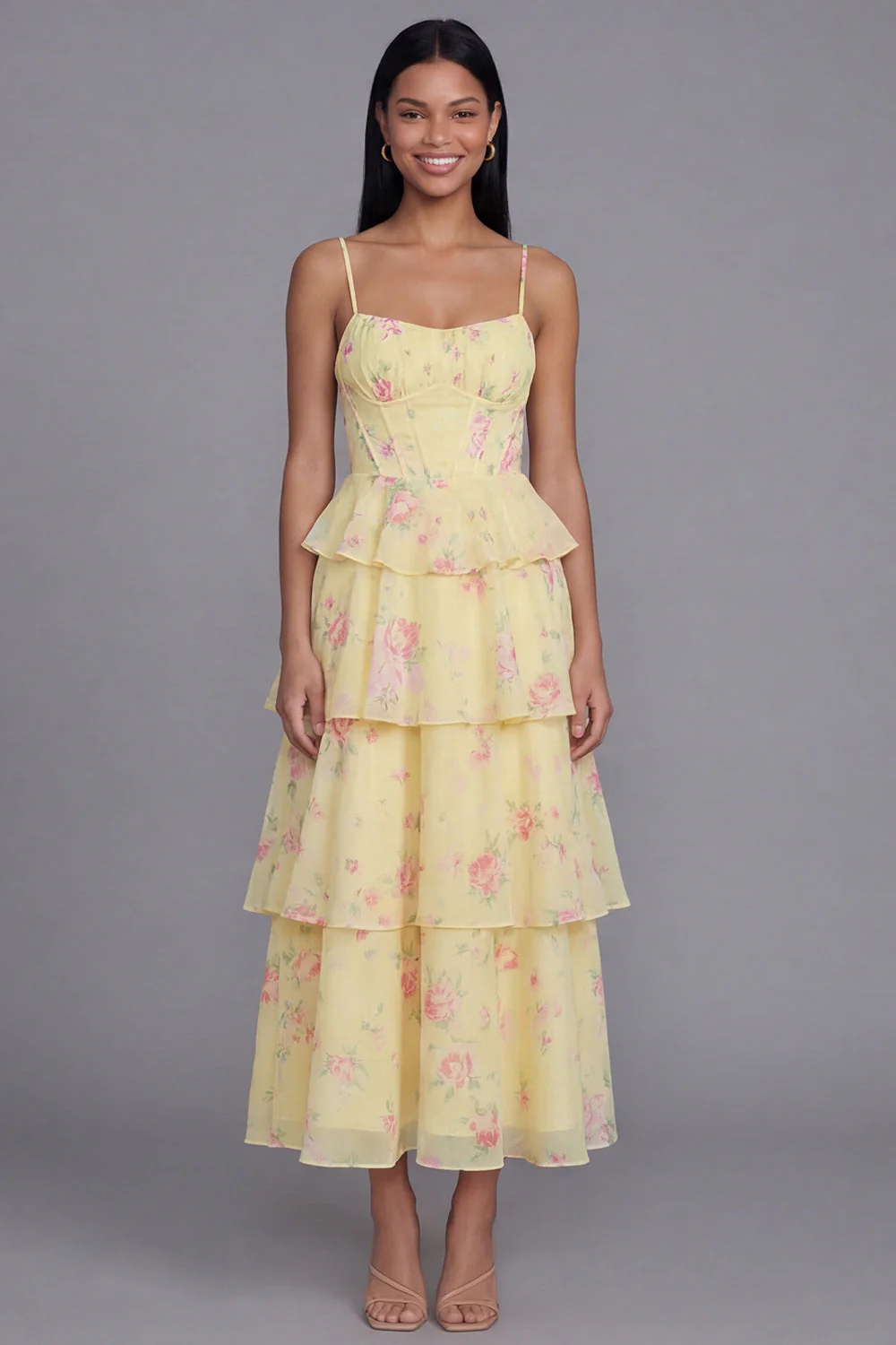 White Pink Flower Tiered A-Line Spaghetti Straps Long Floral Dress - Image 6